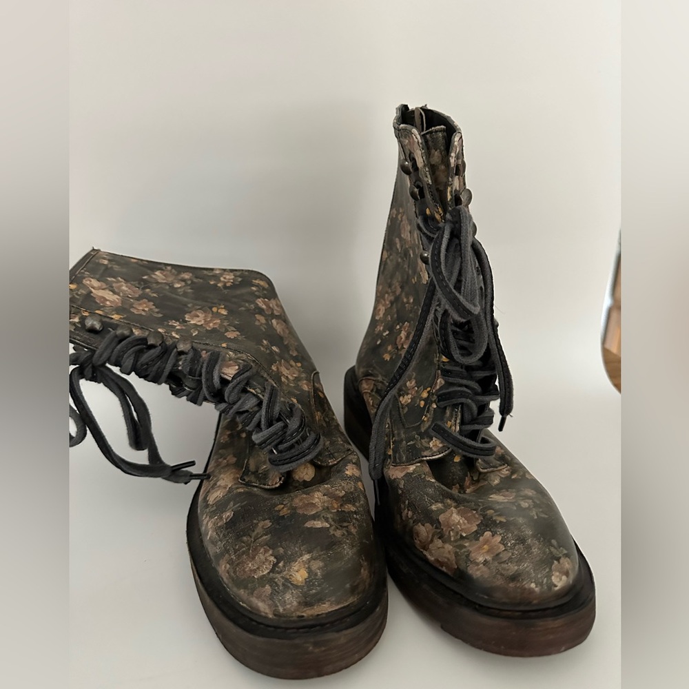 Free People Santa Fe Gray and Off White Floral Combat Boots